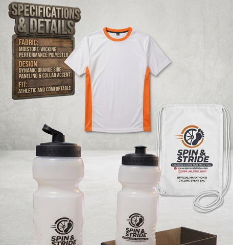 SPIN AND STRIDE official Mechandise Combo with TeamTshirt Squeeze Water Bottle and sting bag